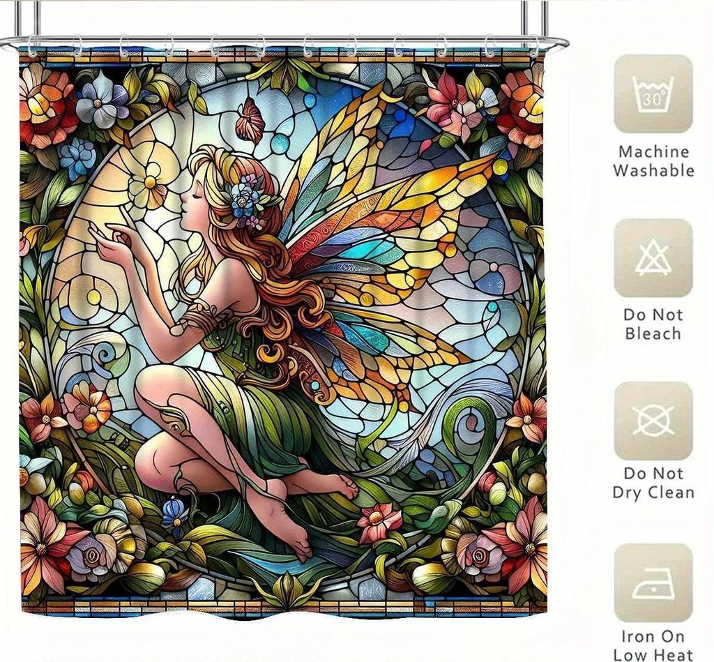 Enchanted Fairy Waterproof Shower Curtain for Bathroom Decor, Stained Glass Style, Vibrant Colors, Unique Art Design