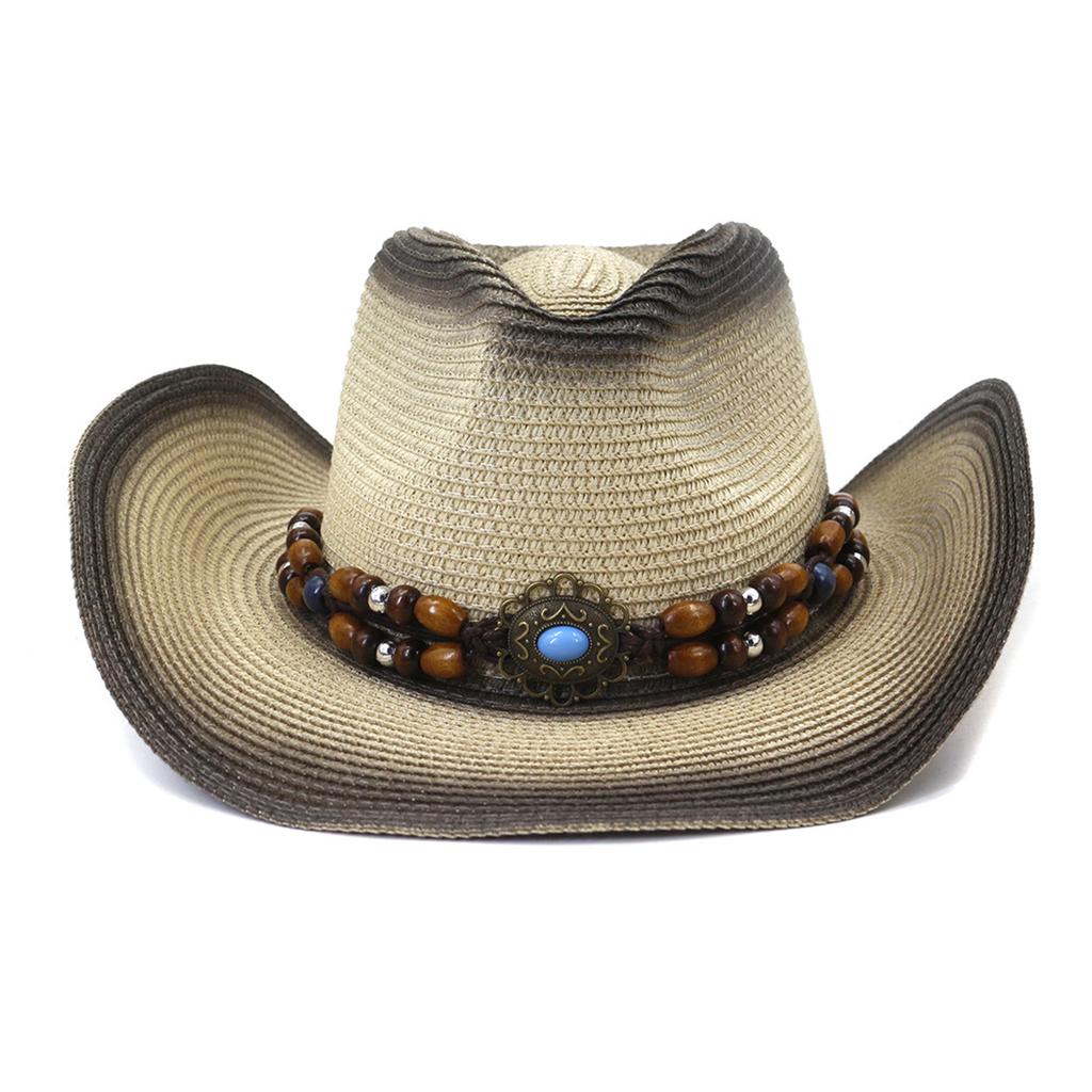 Decorative Beaded Straw Cowboy Hats Women Men Summer UV Protection Beach Holiday Sun Caps Outdoor Wide Brim Cowgirl Hats