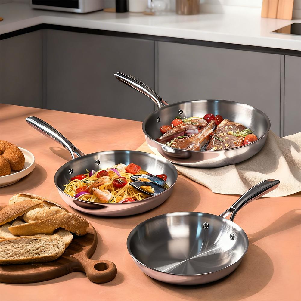 LMETJMA 3 Pcs Frying Pans 8" 9.5" 11" Stainless Steel Frying Pans Set Triply Base Cooking Pans Large Skillets Chef Chef's Pan