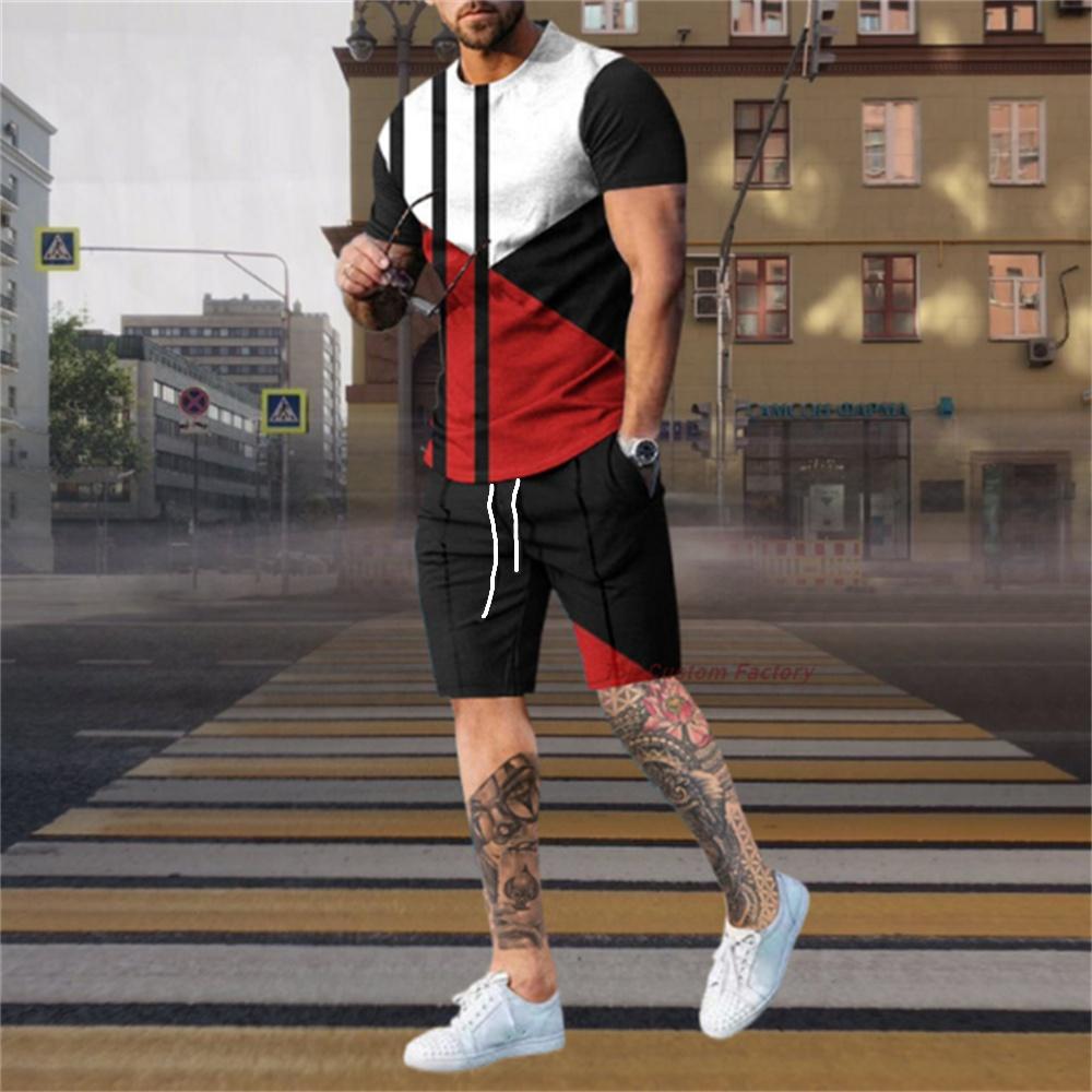 

Модный мужской спортивный костюм, комплект из 2 предметов, летний полосатый спортивный гавайский костюм, футболка с коротким рукавом и шорты, повседневная модная мужская одежда 4XL