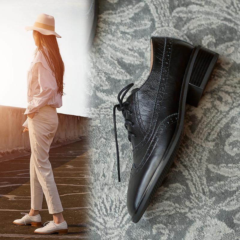 

Новая женская обувь из натуральной кожи, туфли-оксфорды в стиле ретро на шнуровке, модные женские туфли ручной работы на толстом каблуке с квадратным носком, размер 34–40 37 белый