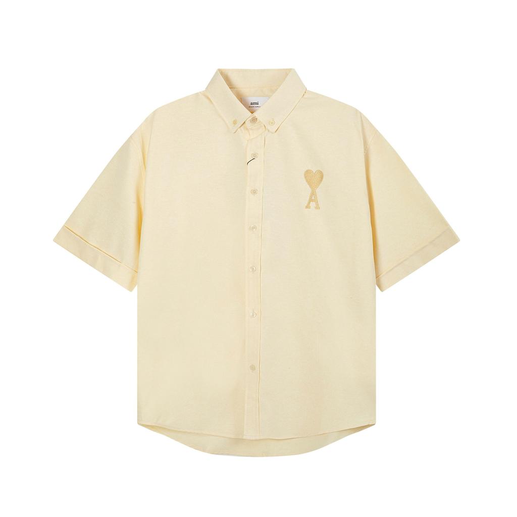 AMI Men's Classic Autumn Chest Same Color Heart Embroidered Casual Cotton Solid Color Short Sleeved Shirt