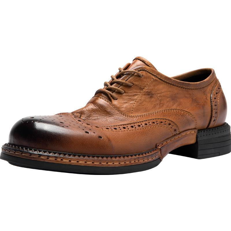 Vintage British Low-Top Leather Round Head Derby Men'S Shoes Platform Casual Pure Large First Layer Cowhide Tooling Leather Shoes Men