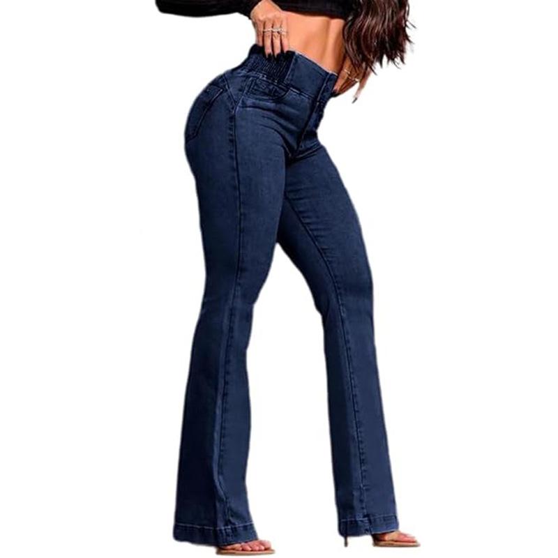 Women High Waisted Flare Jeans Vintage Wash Denim Bell Bottom Trousers