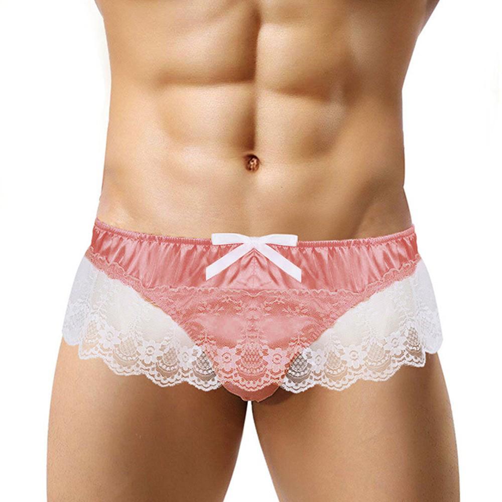 Men Sissy Lace See Through Panties Sexy Satin Thong Briefs Underwear