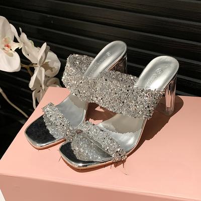 Zapatos Nuevos para Mujer 2024 Sexy Fiesta Sandalias de Tacón Alto para Mujer Primavera Verano Punta Cuadrada Sandalias de Tacón de Cristal Moda Dorada