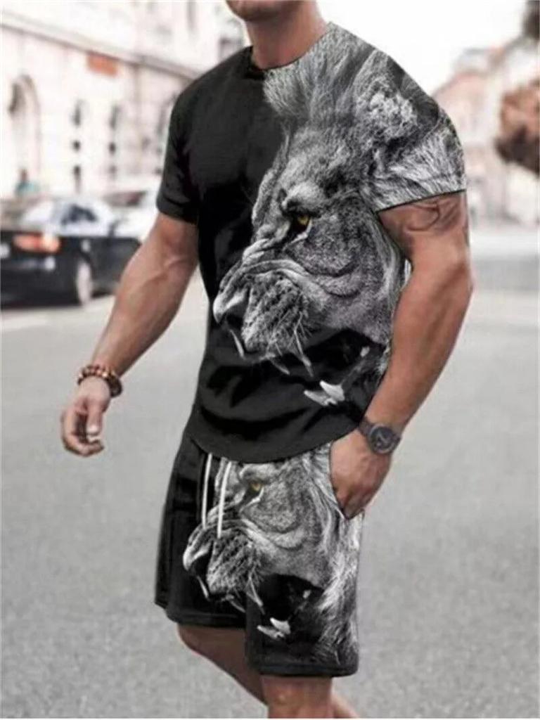 Neuer Sommer 3D geometrischer Musterdruck tägliche Wander-Sportbekleidung Herrenanzug kurzärmeliges T-Shirt + Streetshorts zweiteiliges Set