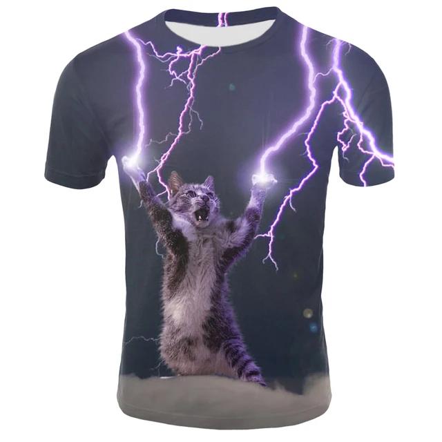 Yaz Komik Kedi 3D Baskılı Kısa Kollu Tişört Yuvarlak Yaka Tişörtler Modaya Uygun Rahat Nefes Alabilen Günlük Üst Erkek Tişörtü