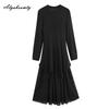 French Style Autumn Winter Women Maxi Long Dress Brief O Neck Knitting Lace Patchwork Dress Thick Warm Knitted Ruffles Feminine Dress