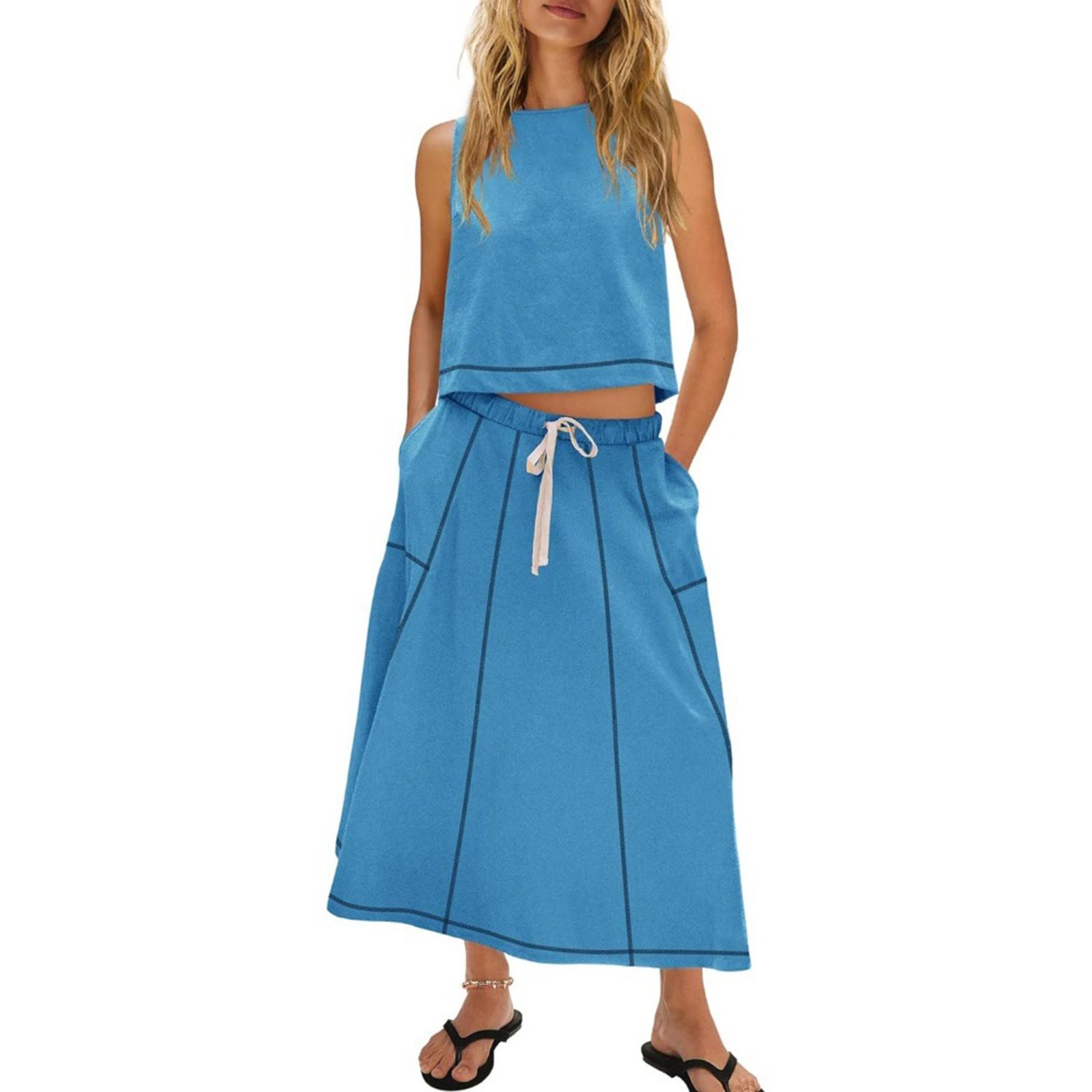 

Skirt Sets Women 2 Piece Outfits Sleeveless Tank Top Set Matching Draped Drawstring Skirt L