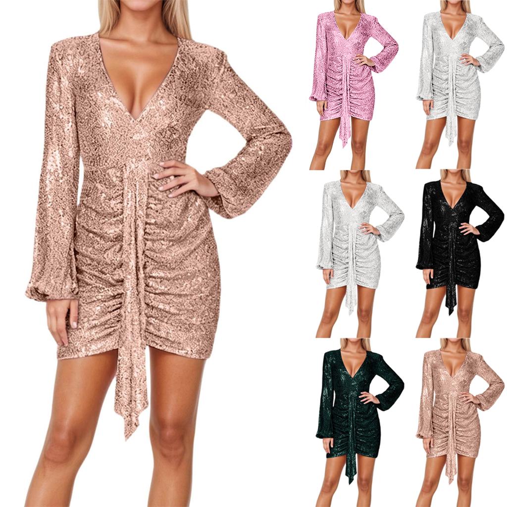 Women's Fashion Party Solid Color V-neck Long Sleeved Slim Fit Sequin Pleated Ribbon Wrapped Hip Dress Evening Dress