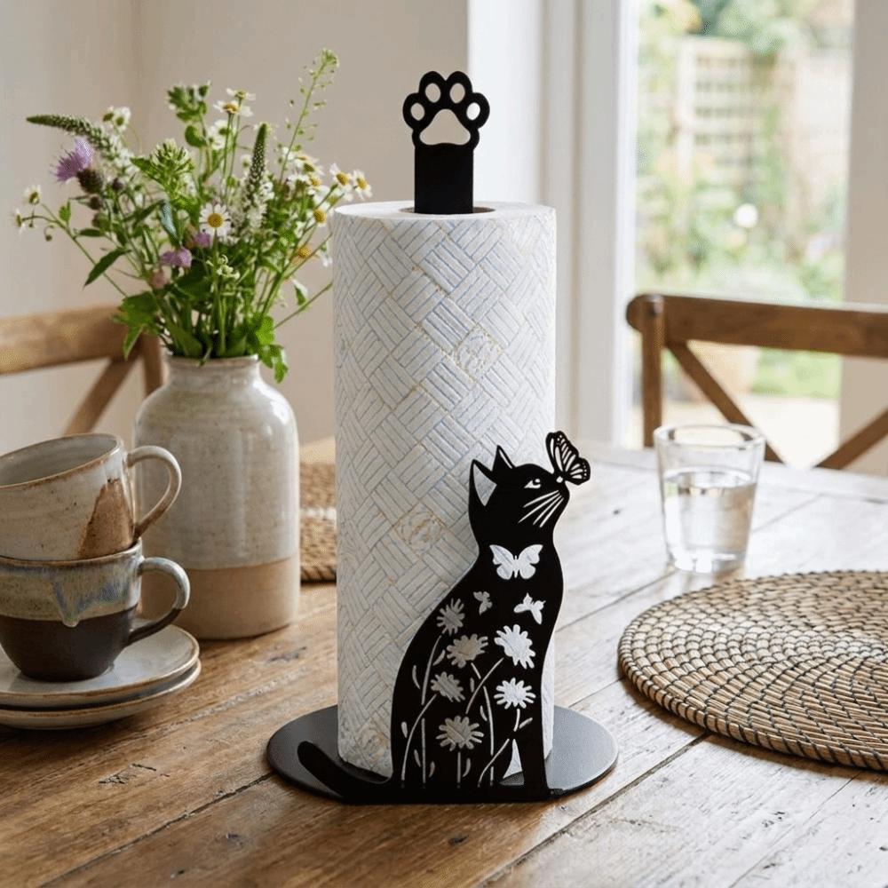 Cute Cartoon 2D Flat Cat Tissue Holder Wooden Base Sturdy Roll Paper Towel Holder Decorative Vertical Napkin Holder Parties