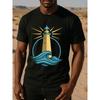 Men'S Short-Sleeved T-Shirt Featuring a Lighthouse Light Badge,It Offers Medium Stretch And a Fashionable Design, Making It Ideal for Sports, Fitness