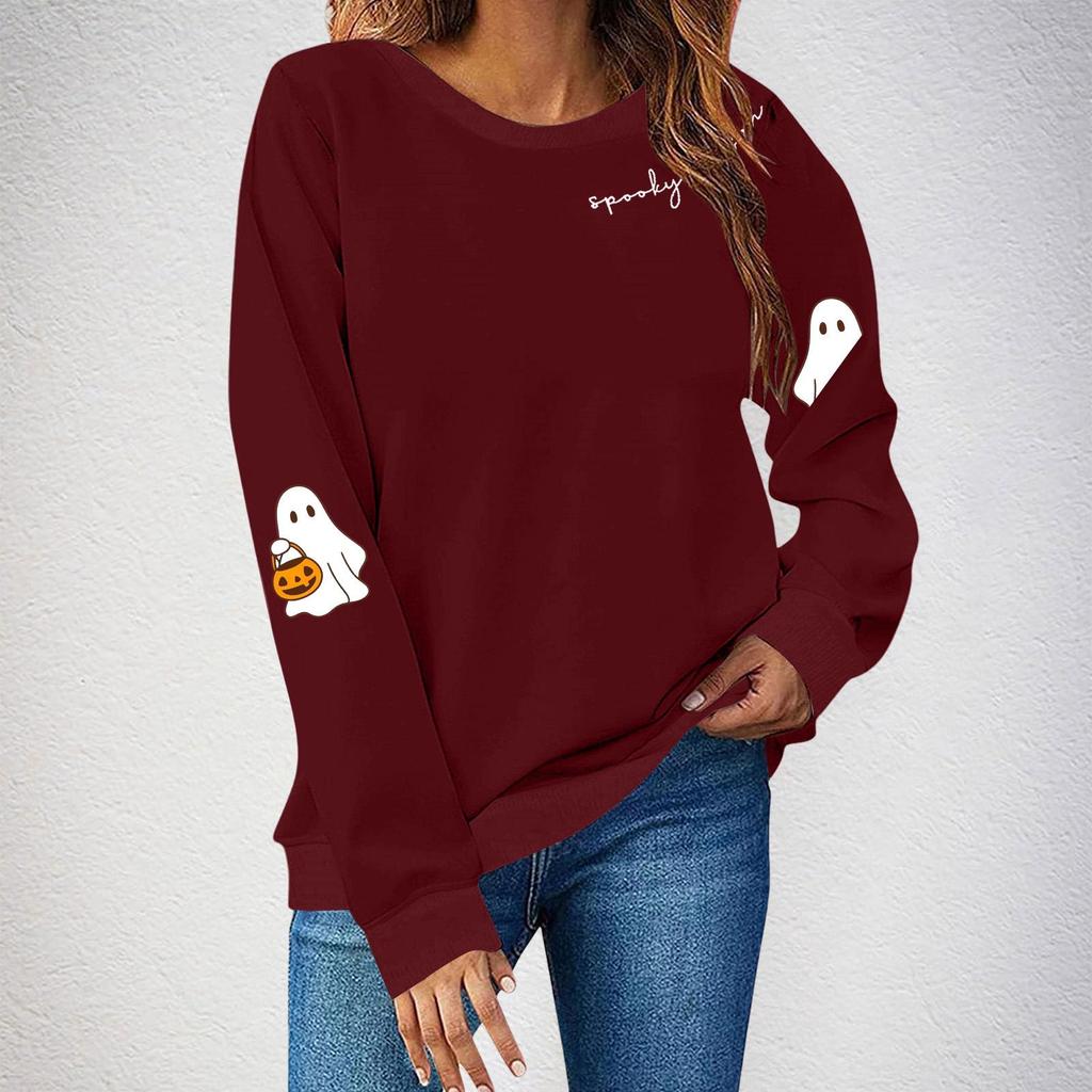Women's Halloween Ghost Print Fleece Lined Crew Neck Sweatshirt, European Sizes S-3XL - Long Sleeve Casual Sportswear
