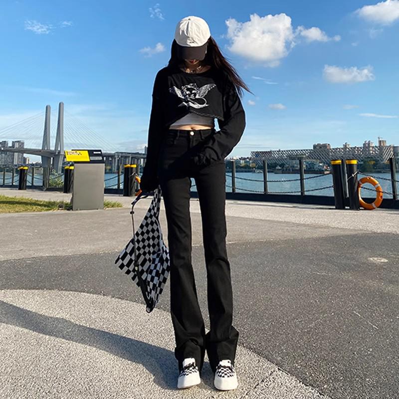 

2025 Women s Black High-Waisted Micro-Flare Jeans: Slimming Extra-Long for Tall Girls, Perfect for Spring/Autumn Small чорний