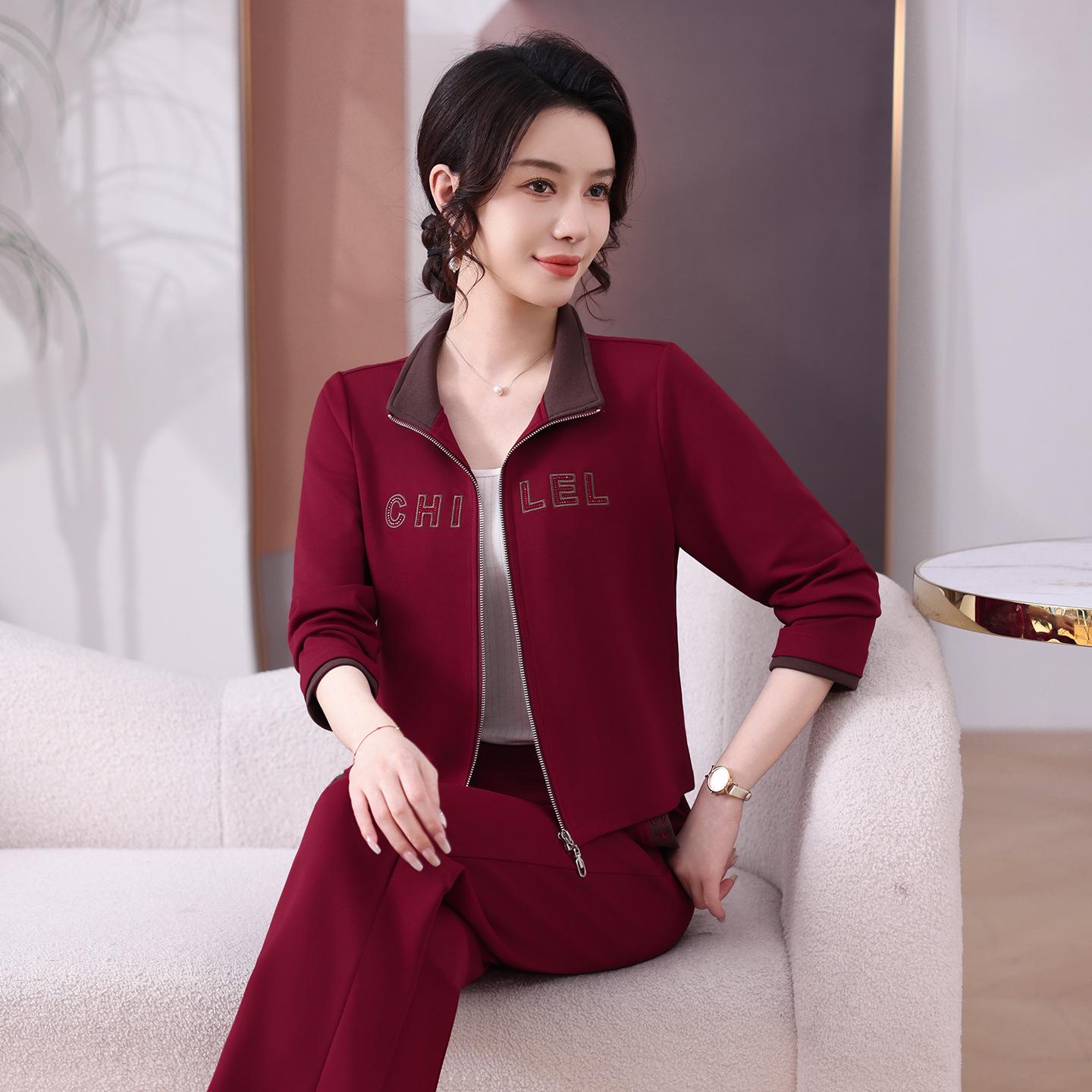 

Spring 2026 Women s Color Block Stand Collar Sportswear Set with Embroidery and Hot Drilling - Two Piece Casual Fashion for Moms 2XL [125-135 lbs]