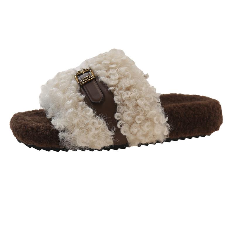 Moda 2025 Zapatos de Deslizamiento de Piel de Cordero de Lujo para Mujer Suela Gruesa Cinturón con Hebilla Zapatilla de Felpa Sandalias Mula con Plataforma de Pelo Rizado Teddy para Mujer Invierno