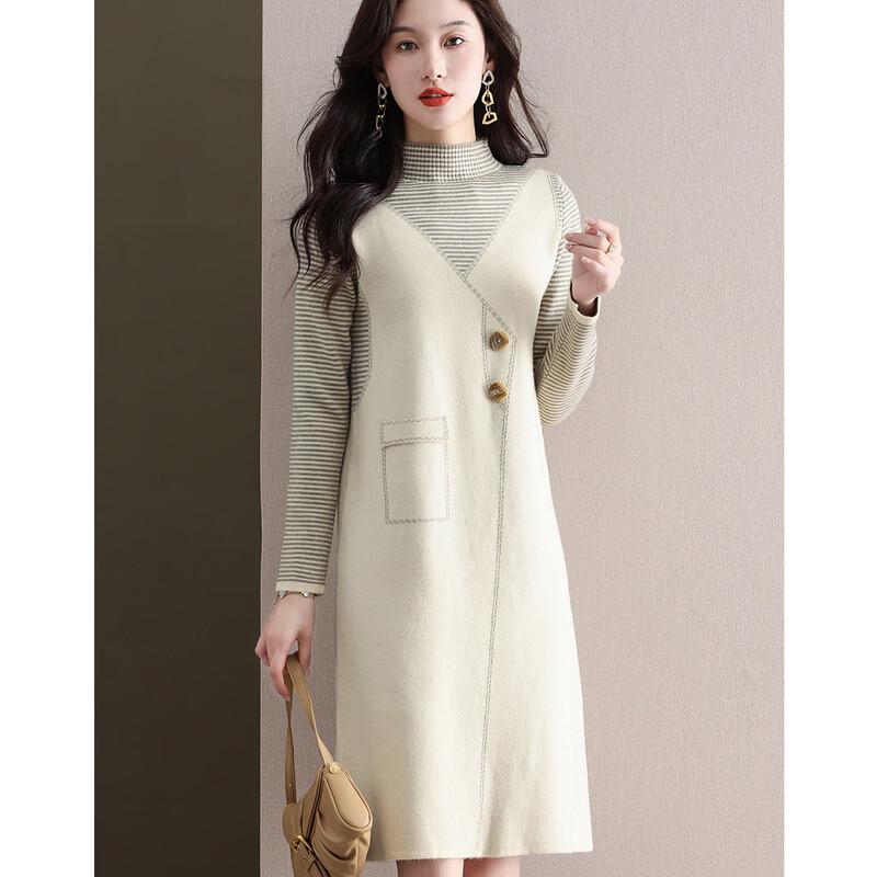 SNOWFLYING Women s Colorblock High-Collar Knit Midi Dress M