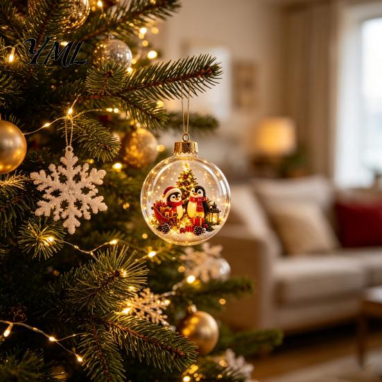 Decorative Holiday Lighted Scenes Glowing Christmas Story Ornament, Light-Up Ball with Warm LED Light, Mini Acrylic Festive Tree Baubles Scene
