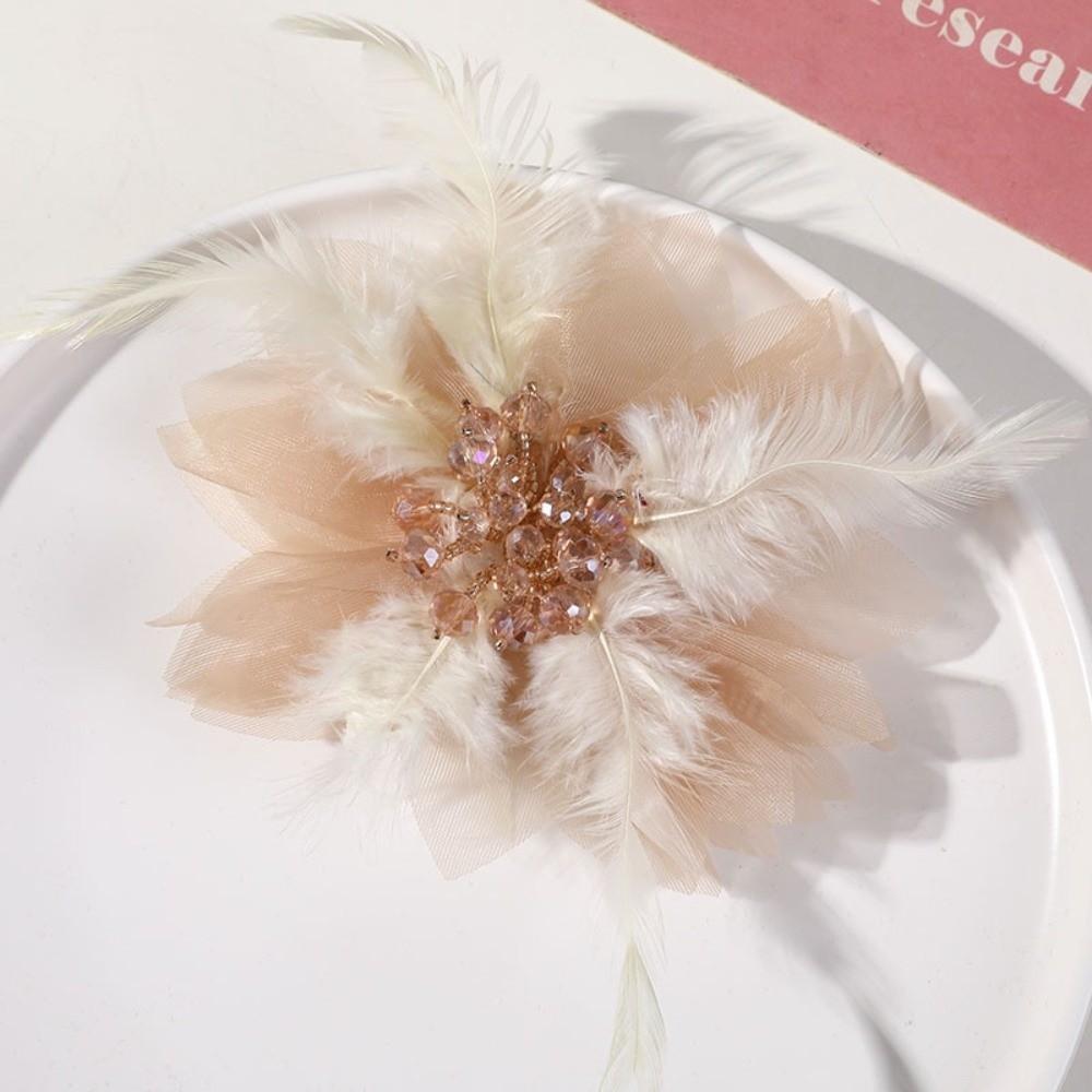 Handmade Feather Brooches Exquisite Pearl Crystal Flower Corsage Hair Accessories Lace Artificial Flower for Pin