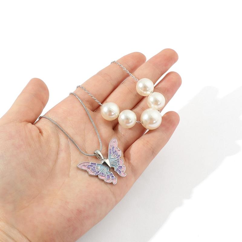 Gold Silver Chain Women for Butterfly Pearl Necklace Double Choker Chains Jewelry Girl Fashion Butterflies Pendant Gift