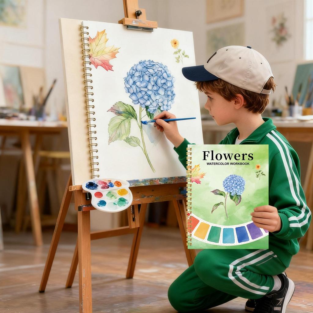 Watercolor Workbook Beginner-Friendly with 12-Color Paints & Brush Adults Water Color Painting Book for Art Exercises Journaling