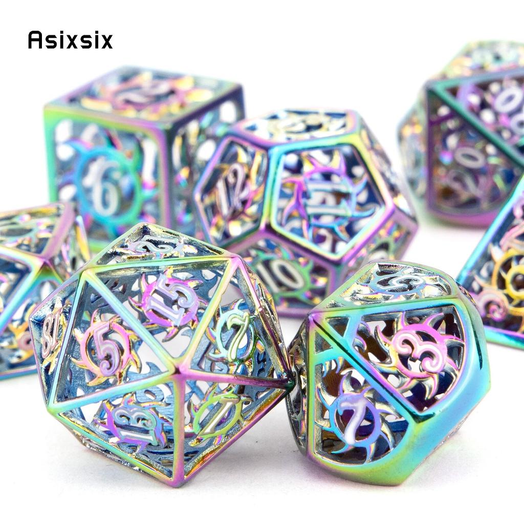7 Pcs Colorful  Rotary Cyclone Metal Dice Hollow Metal Polyhedral Dice Set Suitable for Role-Playing RPG  Board Game Card Game