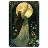 Tin Sign Vintage Witch Under Full Moon Floral Background Metal Wall Plaque Art Retro Gothic Garden Cottagecore Decor for Bedroom