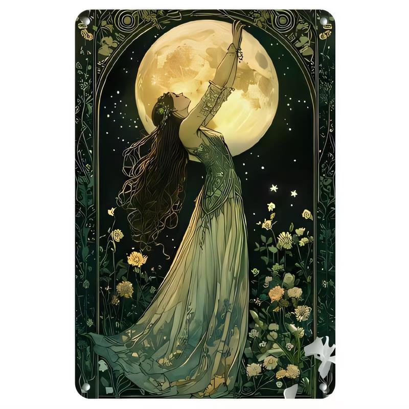 Tin Sign Vintage Witch Under Full Moon Floral Background Metal Wall Plaque Art Retro Gothic Garden Cottagecore Decor for Bedroom