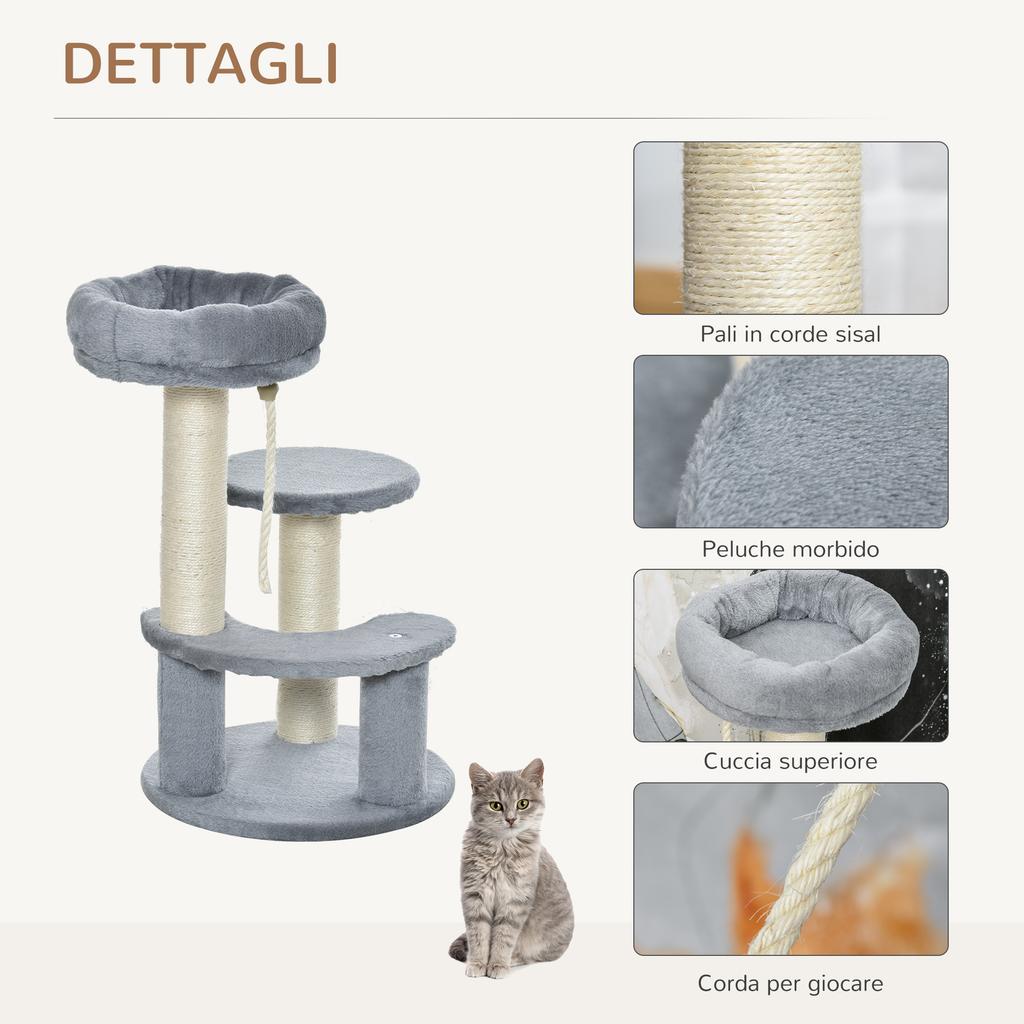 3-Tier Cat Tree with Platforms, Sisal Bed and Posts, Plush Cat Tower, Ø40x65 cm, Grey