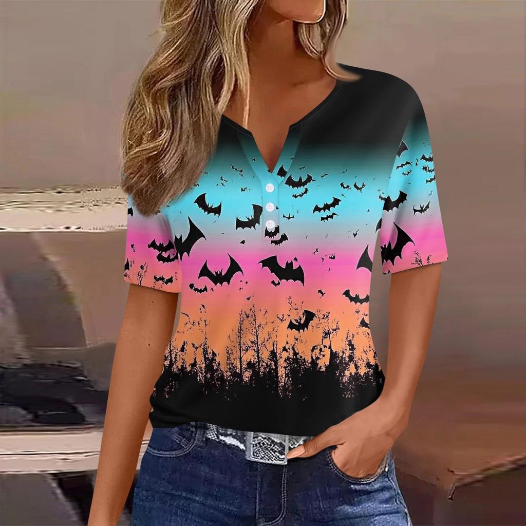 Women's T Shirt Tee Halloween Printed Button Short Sleeve Tunic Daily Weekend Fashion Basic V- Neck Regular Top