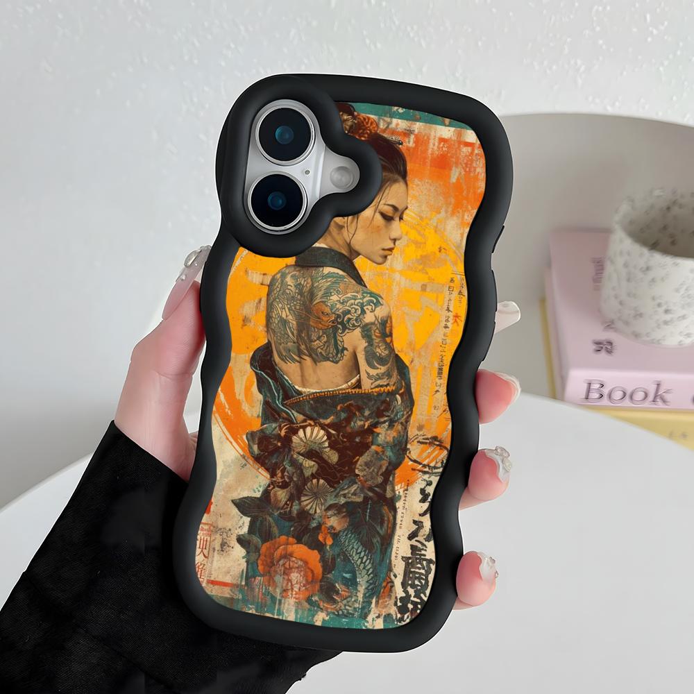 Retro Tattoo Girl Mobile Phone Case for iPhone 17 16 15 14 13 12 11 Air Pro Max Plus Wavy Edge TPU Colorful Cover Pretty Luxury