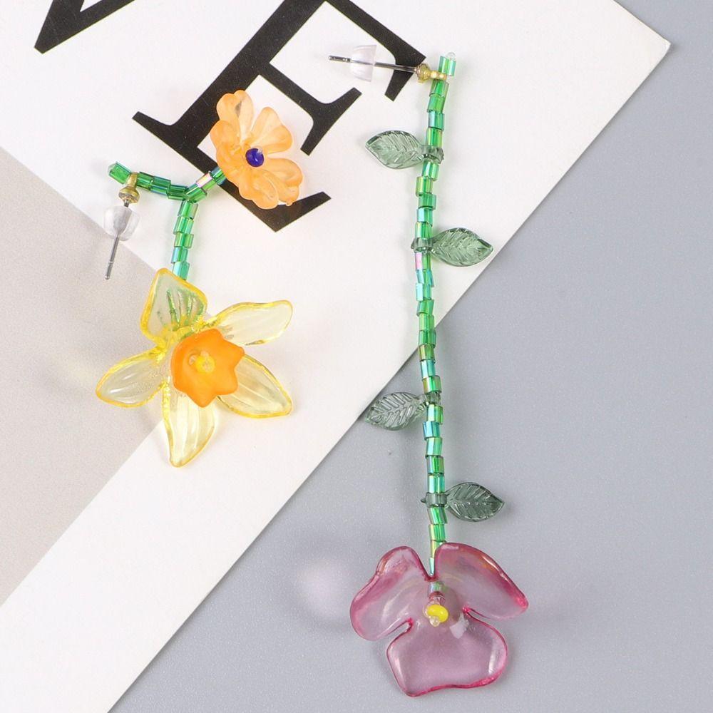 Korean Style Beaded Dangle Earring Handmade Asymmetric Earrings Resin Flower Necklace  Gift