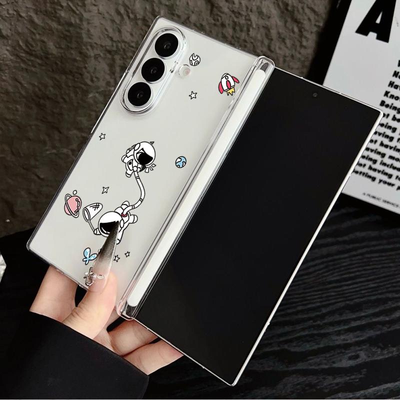 Magnetic Adsorption Phone Case For Samsung Galaxy Z Fold 7 6 5 Fold7 Fold6 Fold5 5G Cute Astronaut Print Clear Shockproof Cover