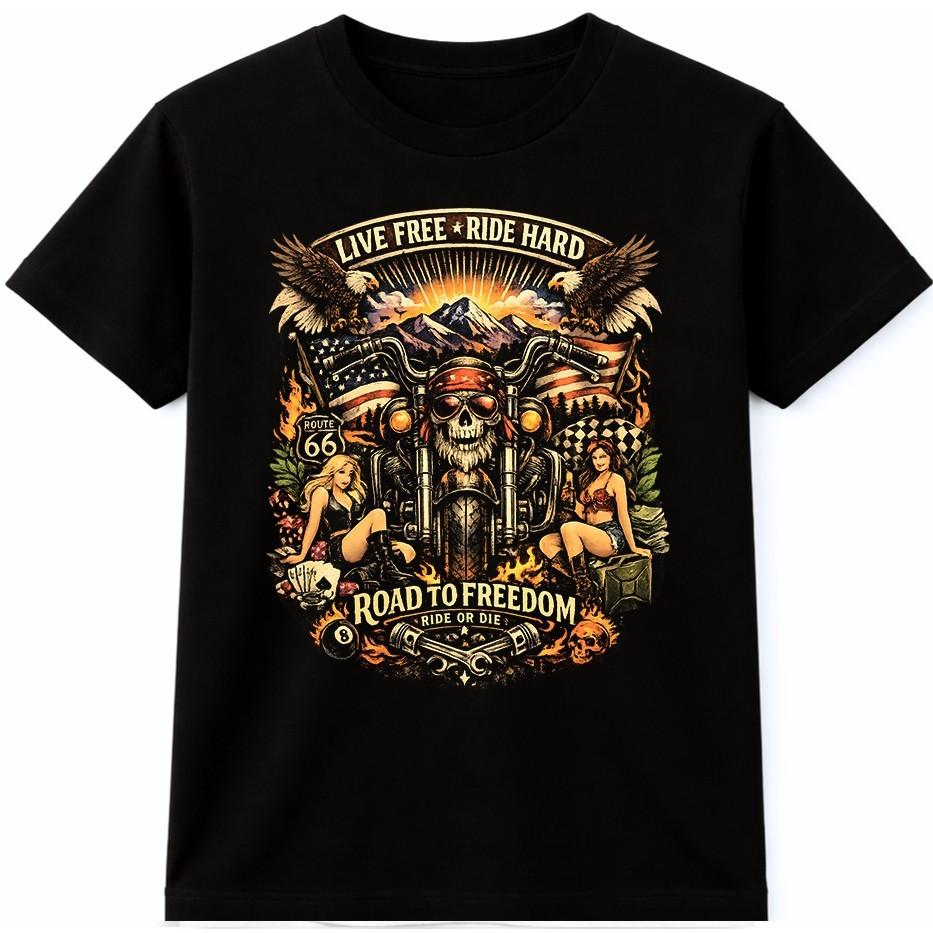 Biker Skull T Shirt Route 66 Motorcycle Vintage Live Free Ride Hard Graphic Tee XL