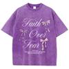 Pink Bow Letter Printed Washed T-shirt  Cotton Top Comfortable Anti Wrinkle Round Neck T-shirt Summer Neutral