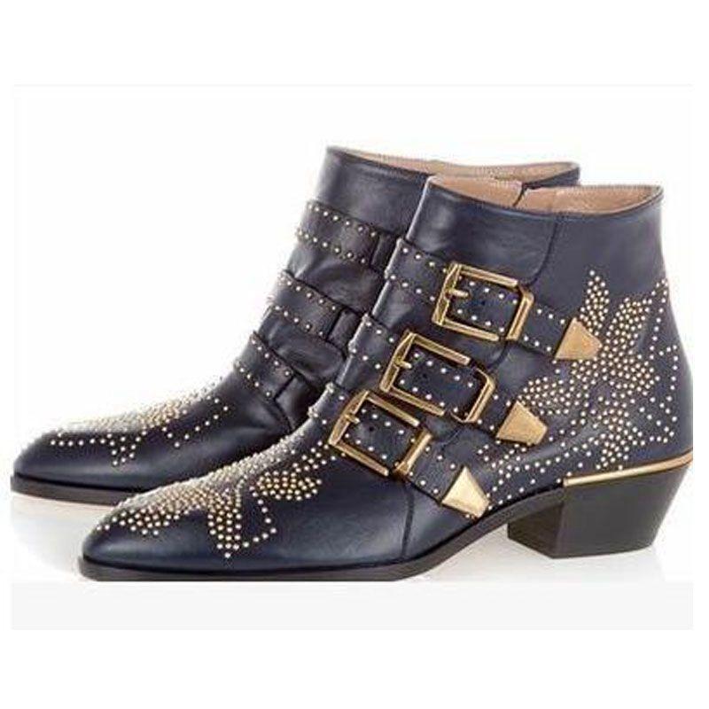 Fashion Brand Catwalk Rivet Cow Leather Short Boots Autumn Winter Retro Large35-45 Ankle Boots4cm Thick Heel Rock Night Club Women Shoes