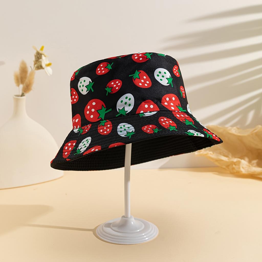 A Single Pack of a Fisherman Hat with Strawberry And Graffiti Designs a Stylish Fishing Hat Suitable for Both Men And Women