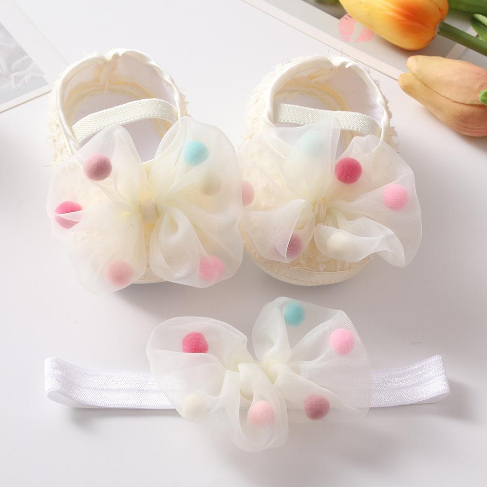 Wwo-piece Set Baby Girls Glitter Star Tulle Bow Crib Shoes & Matching Elastic Headband Set, Soft Dot Anti-Slip Sole Mary Jane Princess Shoes