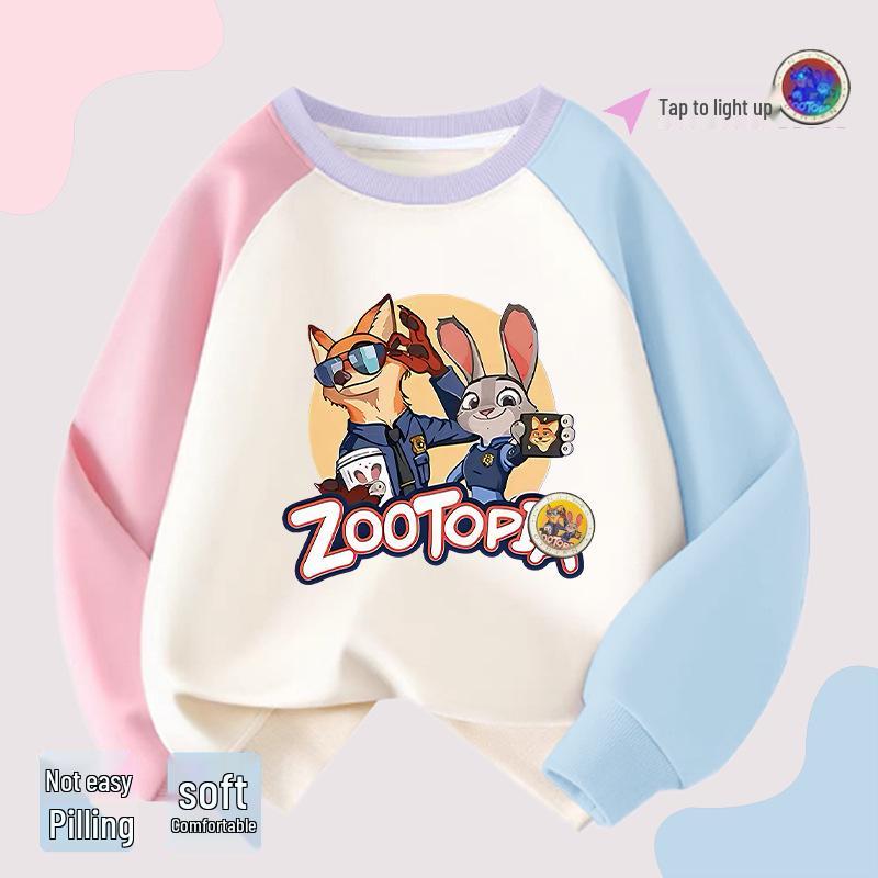 Girls' Zootopia Color Block Hoodie with Lights - Cotton, Raglan Sleeves, Striped, Thin/Plus Velvet, Autumn/Winter