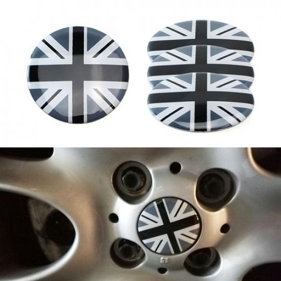 (4) Schwarz/Grau Union Jack UK Flaggenstil Radnabenkappen Abdeckungen für MINI Coopers