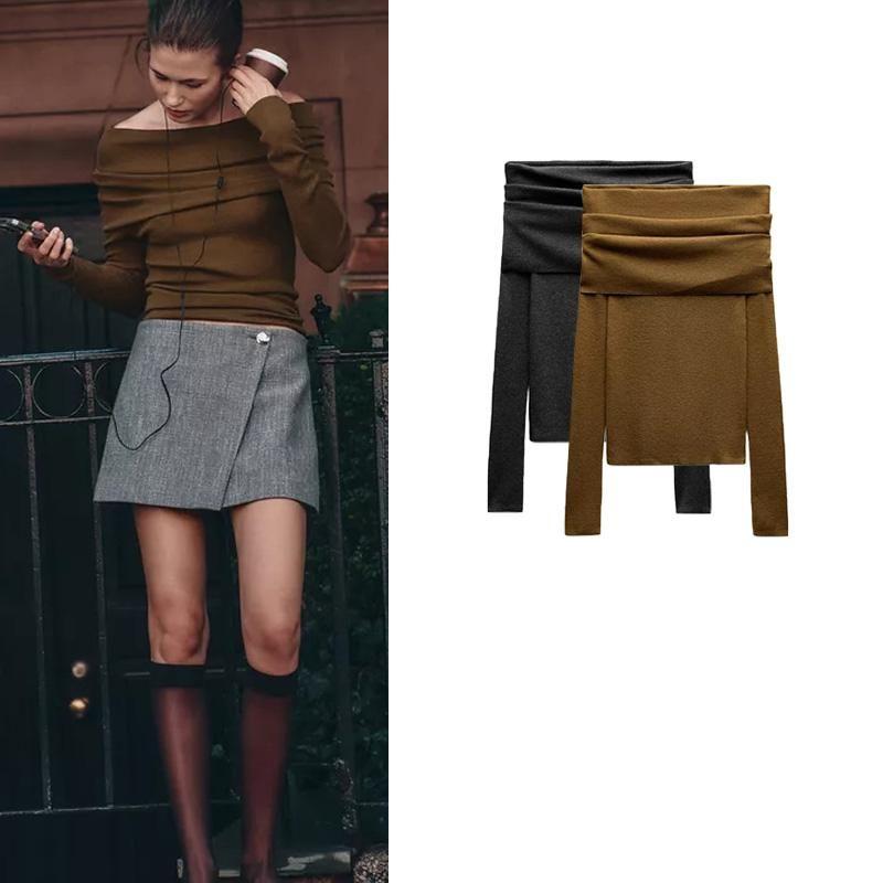 And Winter New Women's Clothing Common Style off-the-Shoulder Straight Collar Long Sleeves Easiest for Match Knitting Bottoming Shirt Tops 3920174