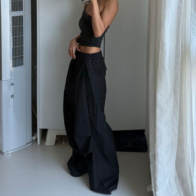 

Akiyo Studio American vintage Wide Leg Overalls Women Loose Straight Ankle-tied Gyaru Casual Sweat pants Black Long M