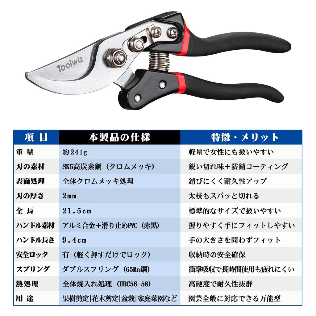 Toolwiz Baumschnittschere Bis zu 25 mm Lebend 35 mm Aus SK5-Stahl mit Ersatz-Aluminium zum Schneiden von Ästen und Blumen TPS-503 Schere, 200 mm, Holz,