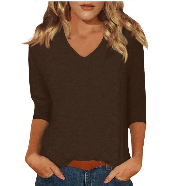 Women's Daily Versatile Casual V-Neck Solid Color Seven-Sleeve T-Shirt Top