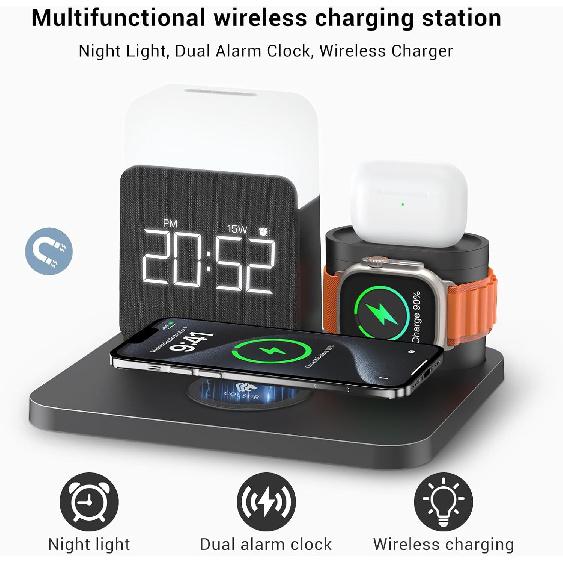 3 In 1 Charging Station for iPhone, Alarm Clock, Night Light, Wireless Charger for iPhone 15 14 13 12 11 X Pro Max & Apple Watch - Charging Stand
