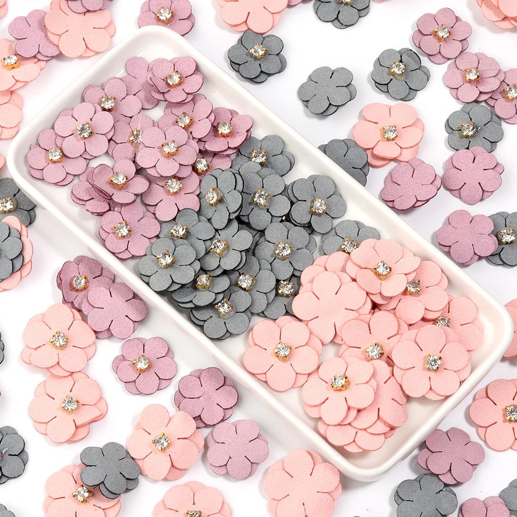 20Pcs Imitation Leather Flower with Diamond Colorful Fabric Flowers for Headdress Clothing Patches Hairpin Brooch Accessories