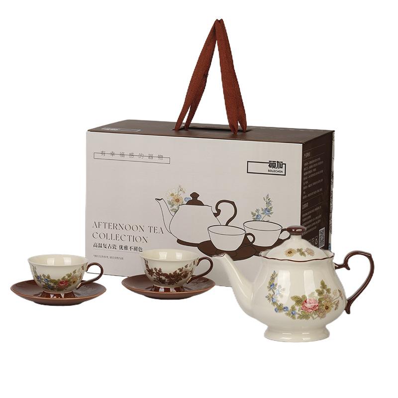 SOLECASA Ceramic Tea Set European Retro Style Rose Pattern Teapot Tea Cup & Saucers Porcelain Coffee Cup Kettle Afternoon Tea