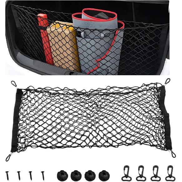 Stretchable Cargo Net, Adjustable Elastic Storage Mesh Nets, Envelope Style Cargo Netting with Mounting Screws and Hooks, Trunk Rear Cargo Organizer