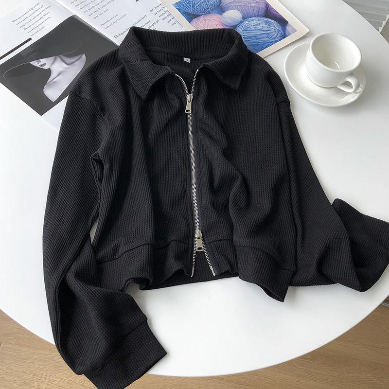 Women's Waffle Polo Collar Slim Fit Double Zipper Jacket - Long Sleeve, Spring/Autumn.